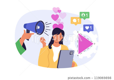 Social media concept in modern flat design for web. Woman posting new videos and making live broadcast, promoting blog with marketing tools in app, attracting new followers. Vector illustration. Social media concept in modern flat design for web. Woman posting new videos and making live broadcast, promoting blog with marketing tools in app, attracting new followers. Vector illustration. 119069898