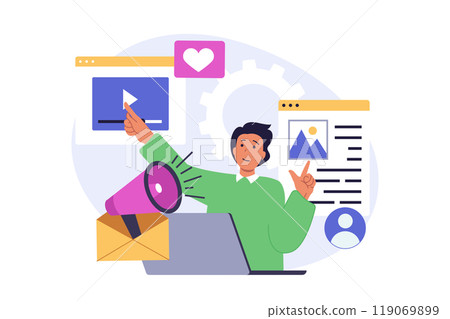 Social media concept in modern flat design for web. Man posting new photos and videos, promoting his blog with marketing tools, attracting new followers, sharing information. Vector illustration. Social media concept in modern flat design for web. Man posting new photos and videos, promoting his blog with marketing tools, attracting new followers, sharing information. Vector illustration. 119069899
