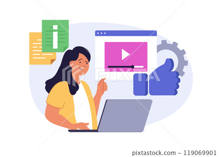 Social media concept in modern flat design for web. Woman watching video using laptop, leaving like reaction and comments, following blogs and getting new information online. Vector illustration. Social media concept in modern flat design for web. Woman watching video using laptop, leaving like reaction and comments, following blogs and getting new information online. Vector illustration. 119069901