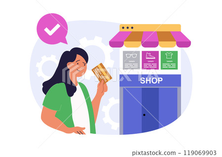 Shopping concept in modern flat design for web. Woman choosing new clothes at store, making bargain purchases with special prices and paying order by credit card using apps. Vector illustration. 119069903