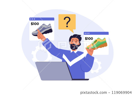Shopping concept in modern flat design for web. Man choosing new sneakers at internet store using laptop, making bargain purchases with special prices and paying order online. Vector illustration. Shopping concept in modern flat design for web. Man choosing new sneakers at internet store using laptop, making bargain purchases with special prices and paying order online. Vector illustration. 119069904