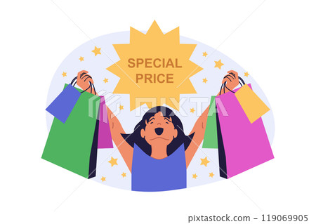 Shopping concept in modern flat design for web. Happy woman with bags making bargain purchases with special prices at clearance, buying new products with discount at showroom. Vector illustration. 119069905