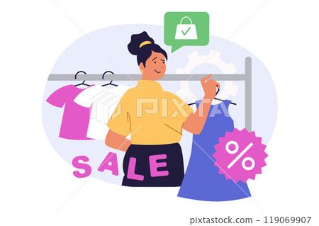Shopping concept in modern flat design for web. Woman choosing new clothes at boutique showroom, buying brand dresses with discounts at clearance, using coupons for payment. Vector illustration. 119069907