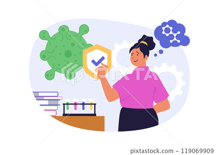 Science laboratory concept in modern flat design for web. Woman doing medical research at test tubes and studying virus and disease structure, developing vaccine at lab equipment. Vector illustration. Science laboratory concept in modern flat design for web. Woman doing medical research at test tubes and studying virus and disease structure, developing vaccine at lab equipment. Vector illustration. 119069909