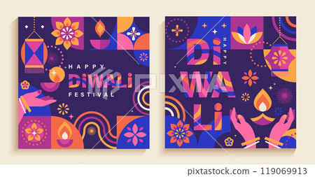 Set Diwali festival cards with holiday symbols. 119069913