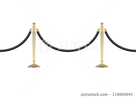 Barriers with black rope, seamless line. Realistic golden stanchion poles 119069945
