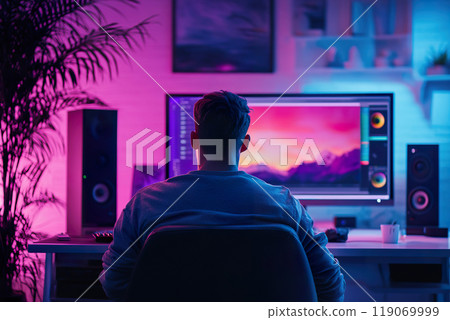 man edits videos in colorful pastel studio during evening hours. 119069999