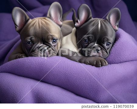 French Bulldog puppies nestled in a colorful fluffy blanket resemble living clouds of tenderness 119070039