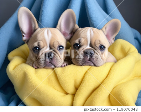 French Bulldog puppies nestled in a colorful fluffy blanket resemble living clouds of tenderness French Bulldog puppies nestled in a colorful fluffy blanket resemble living clouds of tenderness 119070048