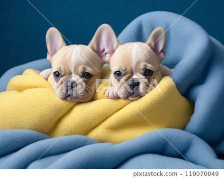 French Bulldog puppies nestled in a colorful fluffy blanket resemble living clouds of tenderness French Bulldog puppies nestled in a colorful fluffy blanket resemble living clouds of tenderness 119070049
