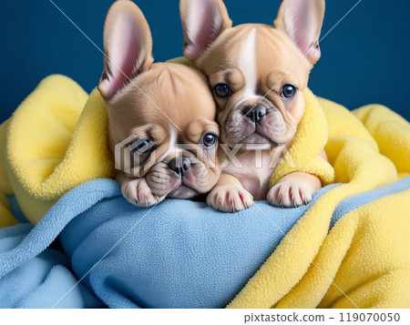 French Bulldog puppies nestled in a colorful fluffy blanket resemble living clouds of tenderness 119070050