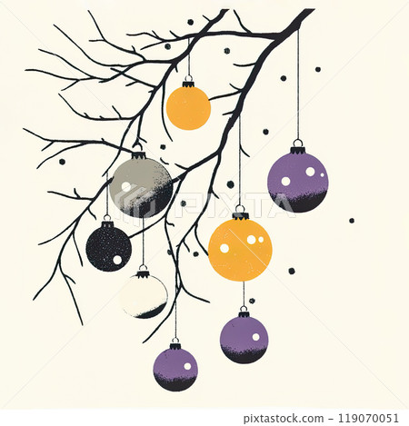 Minimalist Scandinavian folk art featuring Christmas baubles on a tree branch Minimalist Scandinavian folk art featuring Christmas baubles on a tree branch 119070051