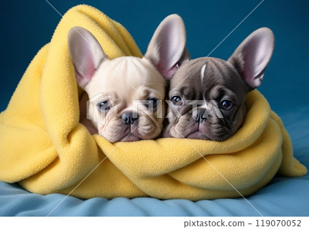 French Bulldog puppies nestled in a colorful fluffy blanket resemble living clouds of tenderness French Bulldog puppies nestled in a colorful fluffy blanket resemble living clouds of tenderness 119070052
