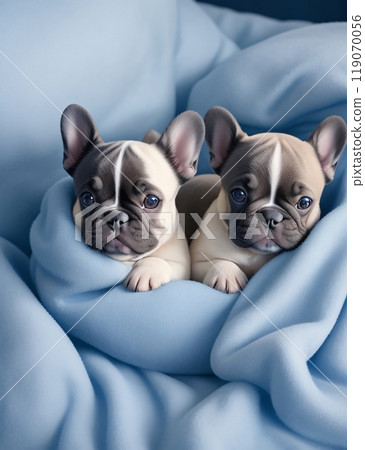 French Bulldog puppies nestled in a colorful fluffy blanket resemble living clouds of tenderness 119070056