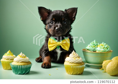 cute puppy wearing a bow tie and sitting next to a sweet cupcake with a colorful background 119070112