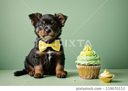 cute puppy wearing a bow tie and sitting next to a sweet cupcake with a colorful background 119070113