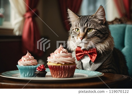 cute puppy wearing a bow tie and sitting next to a sweet cupcake with a colorful background 119070122