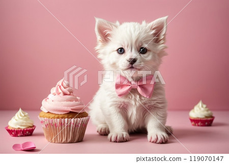 cute puppy wearing a bow tie and sitting next to a sweet cupcake with a colorful background 119070147