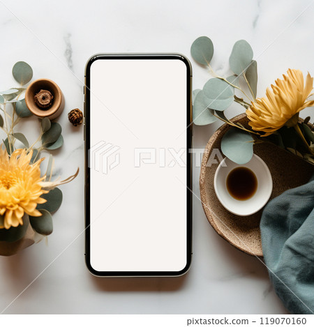 Realistic mockup of black phone on marble table with flowers. PSD format top view. For web design 119070160