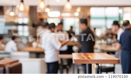 Blur coffee shop or cafe restaurant, Blurred restaurant background with some people and chefs working 119070180