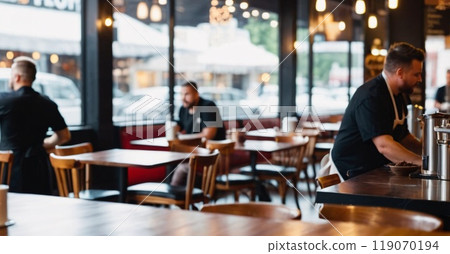Blur coffee shop or cafe restaurant, Blurred restaurant background with some people and chefs working 119070194