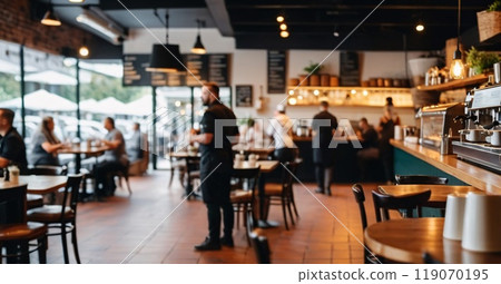 Blur coffee shop or cafe restaurant, Blurred restaurant background with some people and chefs working 119070195