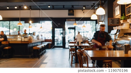 Blur coffee shop or cafe restaurant, Blurred restaurant background with some people and chefs working Blur coffee shop or cafe restaurant, Blurred restaurant background with some people and chefs working 119070196