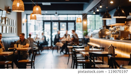 Blur coffee shop or cafe restaurant, Blurred restaurant background with some people and chefs working 119070197