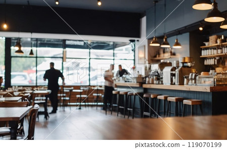 Blur coffee shop or cafe restaurant, Blurred restaurant background with some people and chefs working 119070199