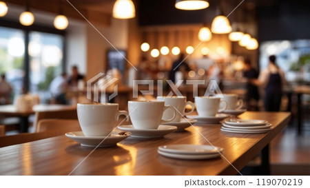 Blur coffee shop or cafe restaurant, Blurred restaurant background with some people and chefs working 119070219