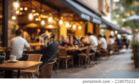 Blur coffee shop or cafe restaurant, Blurred restaurant background with some people and chefs working 119070221