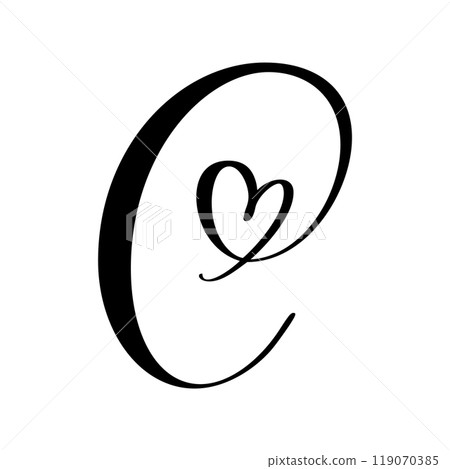 Hand drawn vector calligraphy love letter C. Vintage heart monogram. Script capital font logo. Handwritten brush style. element Valentine flourish. sign for page decoration design illustration 119070385