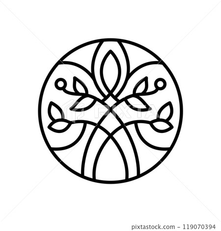 Flower round line logo aesthetics. Emblem plant in circle linear style. Vector abstract badge for design of natural products, flower shop, cosmetics, ecology concepts, health, spa, yoga center Flower round line logo aesthetics. Emblem plant in circle linear style. Vector abstract badge for design of natural products, flower shop, cosmetics, ecology concepts, health, spa, yoga center 119070394