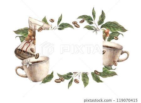 Coffee tree branch with berries and roasted coffee. Watercolor frame on isolated background with a mug of aromatic coffee and filter. Suitable for banners, packaging, shops and cafes, menus, postcards 119070415