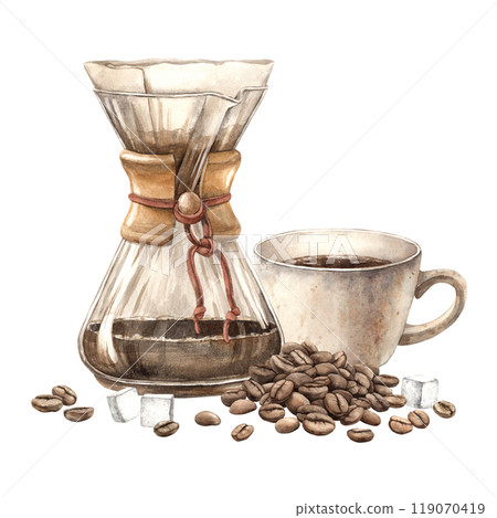Coffee maker for brewing coffee with a paper filter, processed roasted beans, sugar and a mug of strong aromatic coffee. Watercolor illustration for the design of shops, cafes, banners, postcards 119070419