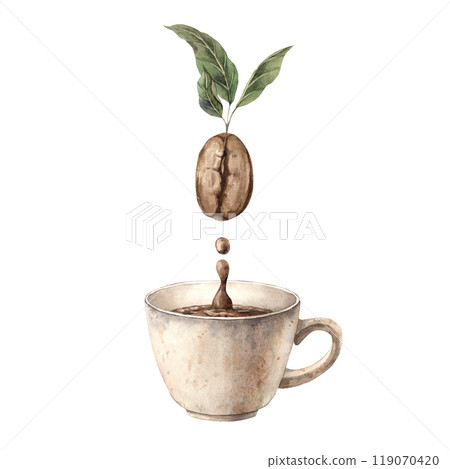 Roasted brown coffee bean sprouted with green coffee leaves. Watercolor hand-drawn illustration on isolated background. Suitable for design of corporate identity of shops, cafes, banners, postcards 119070420