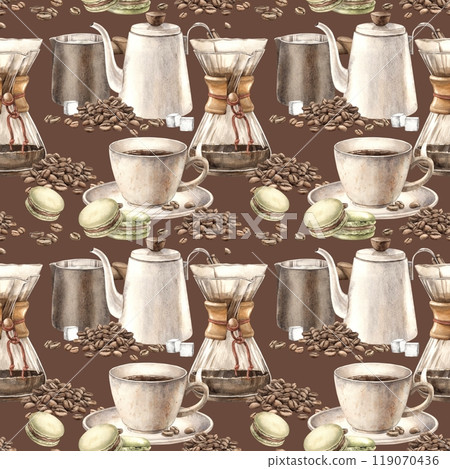 Ceramic cup with aromatic coffee, pistachio macaroons and roasted beans, filter, milk jug and teapot. Watercolor seamless pattern on brown background. For decorating shops, cafes, banner, postcard. 119070436