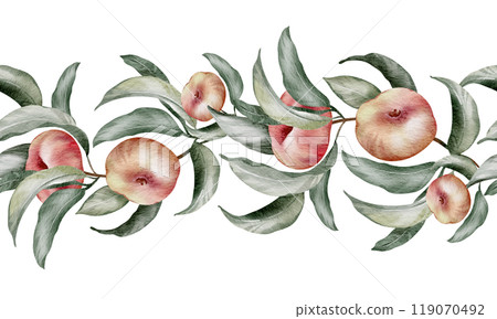 Seamless fruit border Watercolor Apricot with green leaves. Peach pattern of template with nectarine for wedding cards or harvest festival. Hand drawn Banner summer food background for postcards. Seamless fruit border Watercolor Apricot with green leaves. Peach pattern of template with nectarine for wedding cards or harvest festival. Hand drawn Banner summer food background for postcards. 119070492