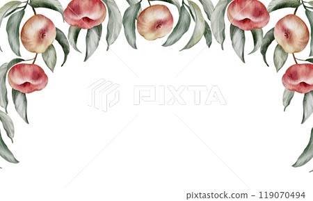 Apricot Watercolor frame with green leaves. Fruit illustration of template with nectarine and peach for wedding invitation cards or harvest festival. Hand drawn Banner summer food background for Apricot Watercolor frame with green leaves. Fruit illustration of template with nectarine and peach for wedding invitation cards or harvest festival. Hand drawn Banner summer food background for 119070494