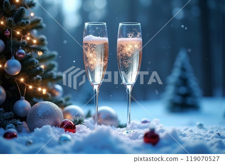 New Year card, close up of champagne glasses with Merry Christmas inside 119070527