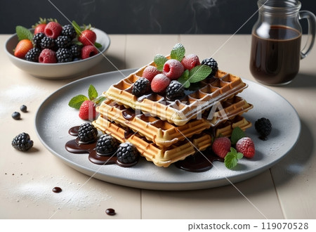 sweet Viennese waffles with berries and fruits, in a plate with a sprig of mint and powdered sugar 119070528