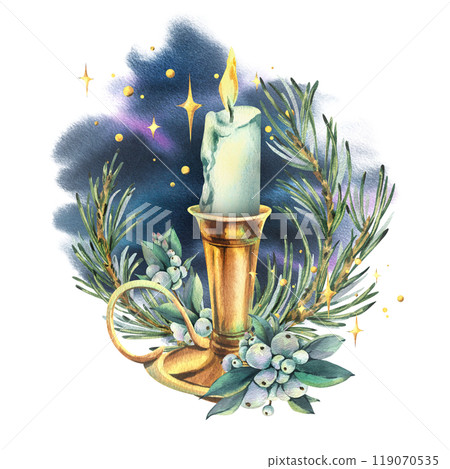 Burning white candle in a gold candlestick with spruce branches, snowberry with a night background. Watercolor illustration New Year Christmas hand-drawn. Sublimation isolated from the background. 119070535