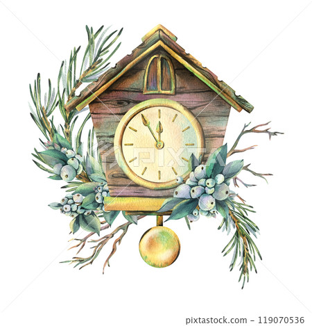 Wooden antique clock with pendulum and dial in the form of a house with fir branches, snowberry. Watercolor illustration New Year Christmas hand-drawn. Sublimation isolated from the background. 119070536