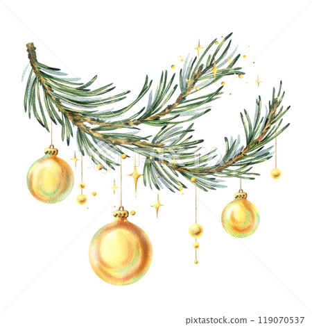 Branches of fir, spruce, cedar green with hanging golden New Year balls and beads. Watercolor illustration New Year Christmas hand drawn. Sublimation isolated from background. 119070537