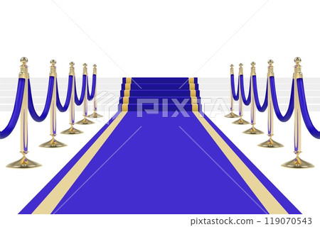 Blue carpet on stairs with red ropes on golden stanchions 119070543