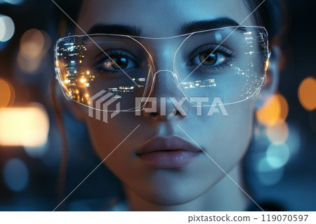 female IT specialist looking straight ahead, futuristic holographic data in front of her 119070597