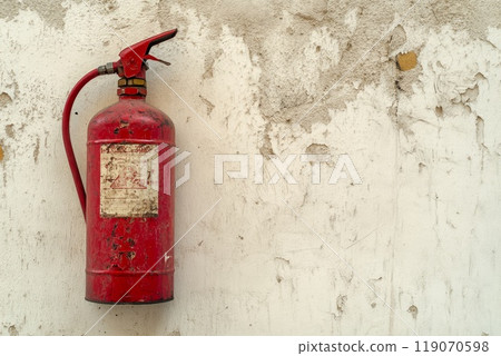 fire extinguisher on white wall, close up 119070598