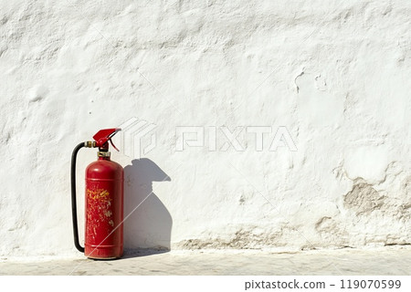 fire extinguisher on white wall, close up 119070599