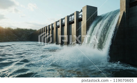 Hydroelectric dam with rushing water 119070605
