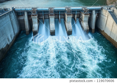 Hydroelectric dam with rushing water Hydroelectric dam with rushing water 119070606